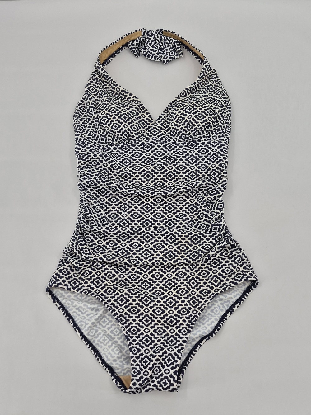 L.L.Bean Geometric Ruched Halter One Piece Womens 6 Navy White Swimsuit